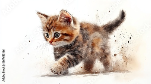 Playful kitten frolicking joyfully in a minimalist watercolor style against a clean white background