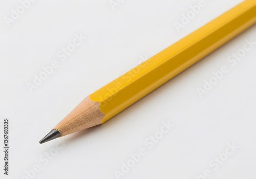 Close-up view of a sharpened yellow pencil placed on a blank white surface in a creative workspace.banner