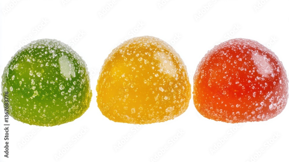 Obraz premium Vibrant Sugar-Coated Fruit Jelly Candies in Red-Orange, Green, and Yellow