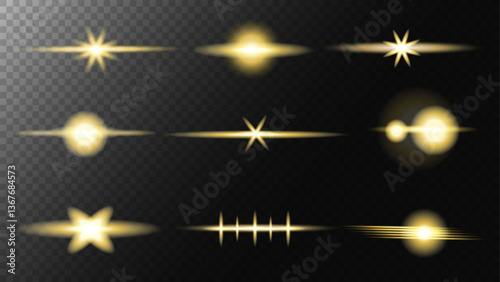  Shiney glowing stars. Vector Realistic flares golden stars. Glowing effects light or sunlight reflection from lens. Stars in space. Isolated glints set. Sparkle glares.Vector shimmering elements