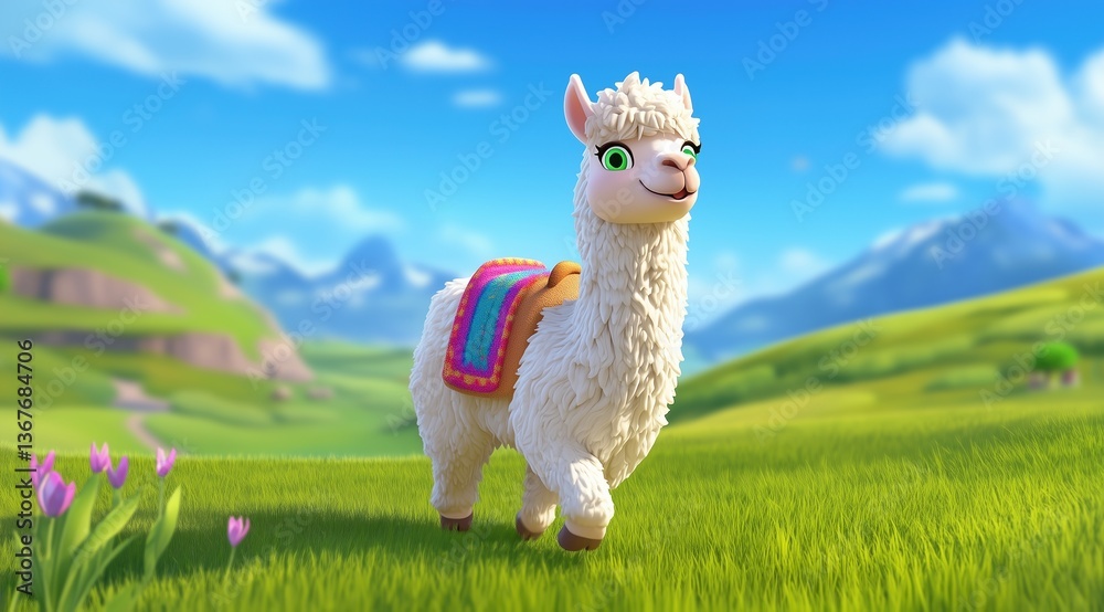 Fototapeta premium Cartoon Alpaca with Colorful Saddle in Nature