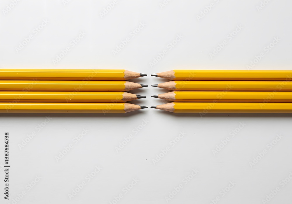 Yellow pencils arranged neatly on a white background create a simple yet striking visual effect during morning daylight. wallpaper, Close-up of six sharpened yellow pencils arranged on white backgroun Yellow pencils arranged neatly on a white background create a simple yet striking visual effect during morning daylight. wallpaper, Close-up of six sharpened yellow pencils arranged on white backgroun