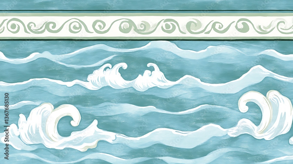 Painting of ocean waves with decorative border across the top Painting of ocean waves with decorative border across the top
