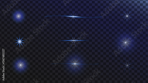 The dynamics of movement. Realistic flares. Blue Flash. Glowing effects. Round texture in the form of a star shaped explosion.  Isolated glints set. Sparkle glares. Vector shimmering elements. 