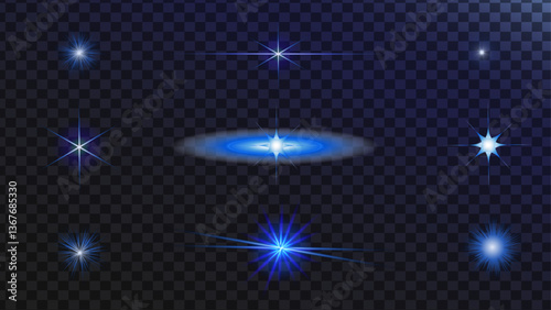 A futuristic-style star icon. A glossy blue stars set cyber star. Galaxy emoji with shooting star, sparkles, sparks. Stars in space. Isolated glints set. Sparkle glares.Vector shimmering elements