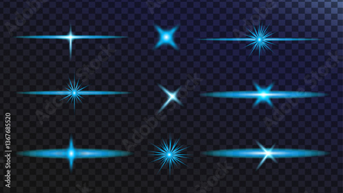 Set of Shiney glowing stars. Vector Realistic flares Blue Glowing effects light or sunlight reflection from lens. Stars in space. Isolated glints set. Sparkle glares.Vector shimmering elements