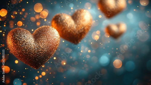 Festive Banner with Gold Bokeh Lights in the Shape of Hearts on a Pastel Green Background