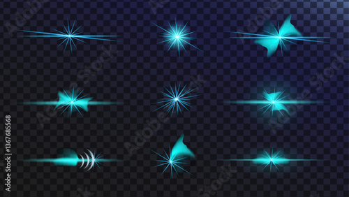 Realistic flares. Sparkling stars, flickering and flashing lights. Blue Flash Stars in space. Isolated glints set. Sparkle glares.Vector shimmering elements