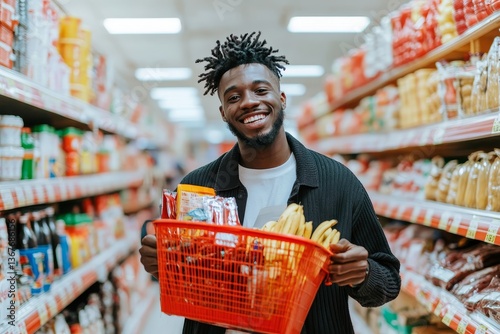 Smiling man shopping basket grocery store