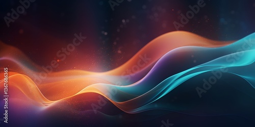 Abstract digital art featuring dark purple, teal, and orange color waves with a flowing fabric texture. bokeh background