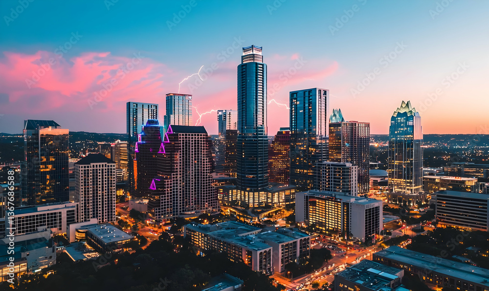 Obraz premium Vibrant Sunset Over Urban Skyline with City Lights and Clouds