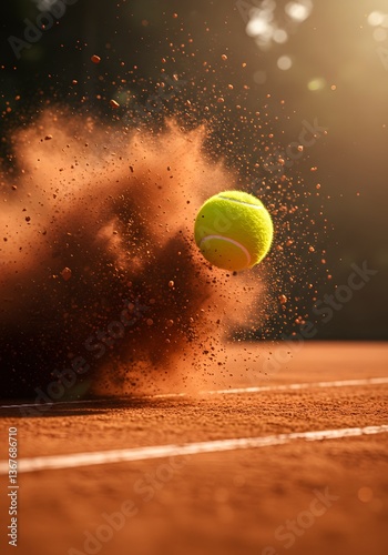 A tennis ball impacting a clay court, sport, causing a burst of dust and dirt,  Tennis ball bounces on clay court during sunny afternoon with dust particles rising in the background 