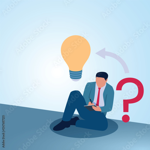 A man sitting writing changing question marks into ideas. A metaphorical illustration for writing down problems, analysis and creativity in solving problems.