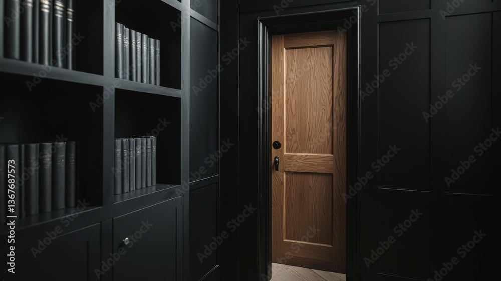 Fototapeta premium Hidden Entrance to a 1920s Speakeasy with Dark Wood and Elegant Shelving