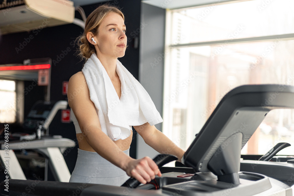 Happy European woman in sportswear and wireless headphones and towel around neck doing hard cardio workout on treadmill, lady working out in empty gym Happy European woman in sportswear and wireless headphones and towel around neck doing hard cardio workout on treadmill, lady working out in empty gym