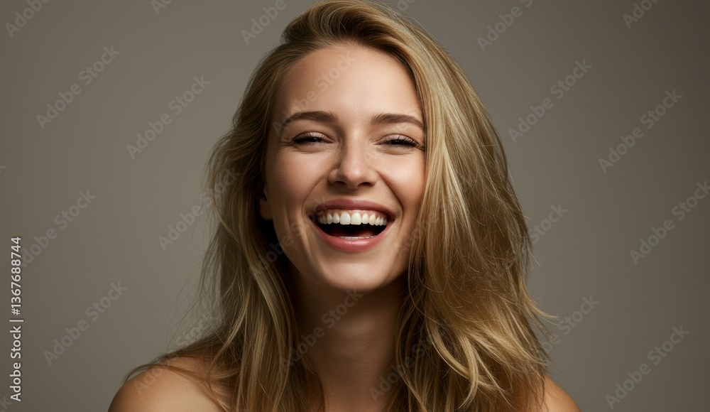 Young Caucasian woman smiling in studio setting. Cheery mood, confidence, wellness theme. Young Caucasian woman smiling in studio setting. Cheery mood, confidence, wellness theme.