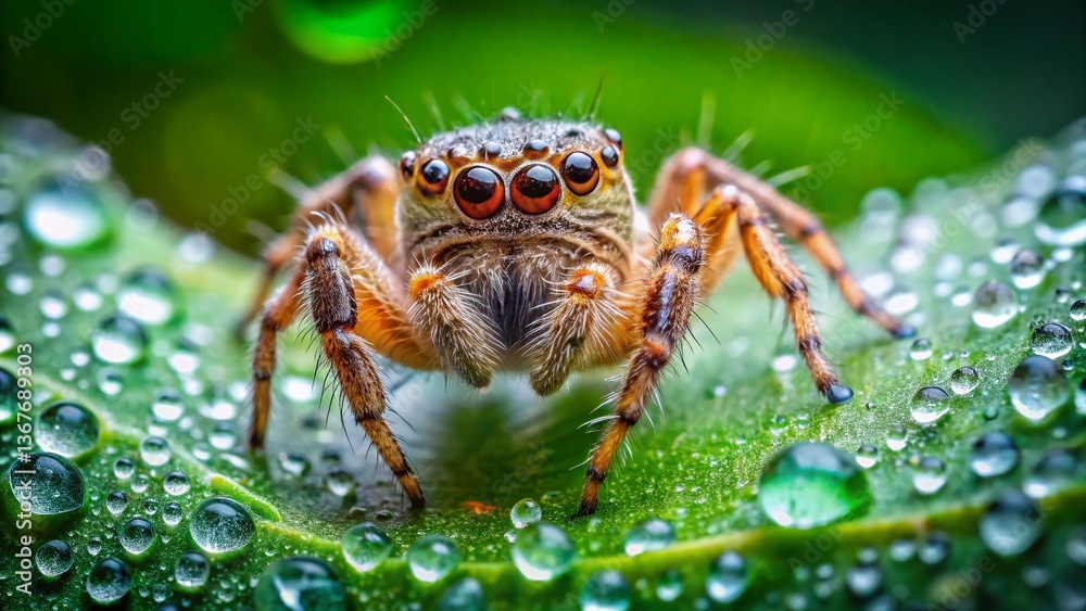 Naklejka premium Jumping Spider on Green Leaf - Macro Food Photography