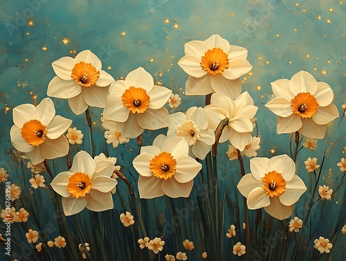  White Daffodils with Orange Centers Bloom Against a Soft Blue Background