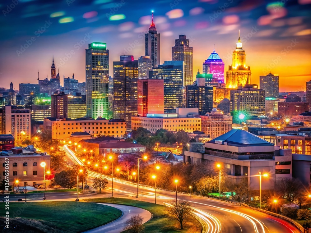 Fototapeta premium Kansas City Skyline Night Photography with Bokeh Lights