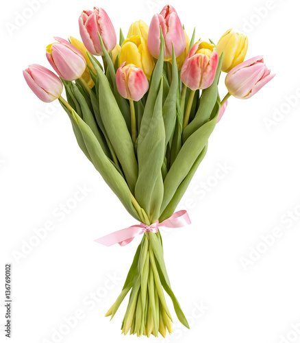 A delicate large bouquet of many pink, yellow, and red tulips, artistically gathered with lush green leaves, tied up with a ribbon, transparent background