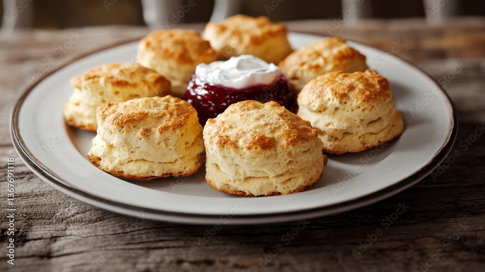 A plate of freshly baked biscuits with jam and whipped cream. A plate of freshly baked biscuits with jam and whipped cream.