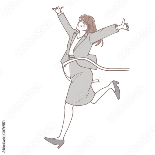 ゴールテープを切っているビジネスマンの女性のイラスト