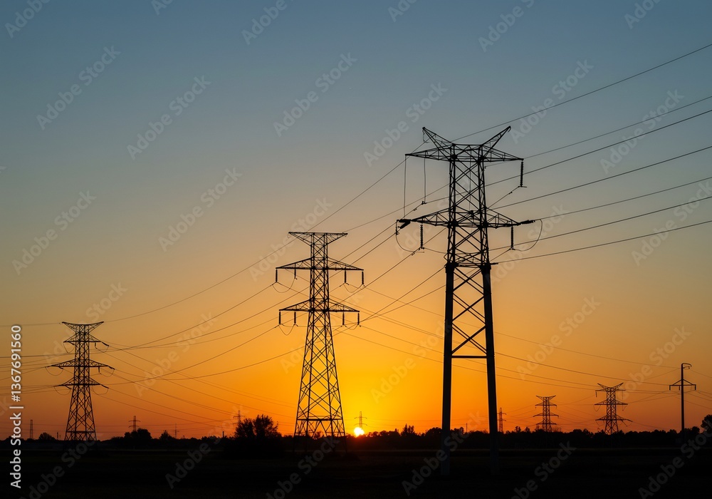 夕焼け空シルエット 力強くそびえ立つ送電鉄塔群 夕焼け空シルエット 力強くそびえ立つ送電鉄塔群