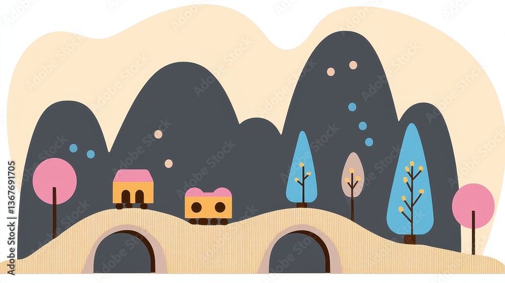 Naklejka premium Charming Village Illustration Pastel Colors Mountain Scenery