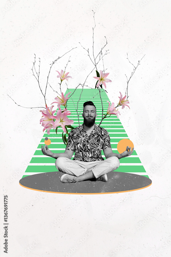 Fotobehang Lotusbloem Vertical art trend collage of serious sit lotus pose asana buddhism practice lily flower bloom tree spring chakra yoga sport #1367691775