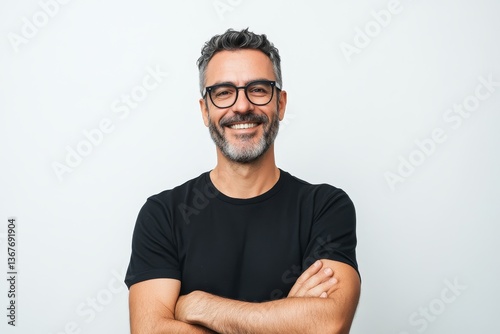 Smiling man in black t-shirt against white background