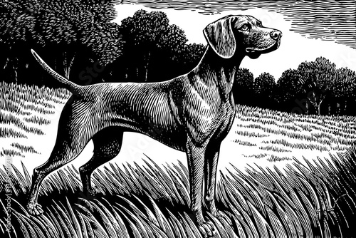hand drawn sketch of Hungarian hound pointer vizsla dog black and white outline illustration