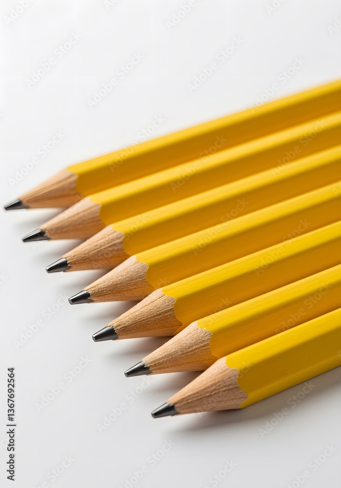 Obraz premium Close-up of six sharpened yellow pencils arranged on white background, Yellow pencils arranged neatly on a white background create a simple yet striking visual effect during morning daylight.