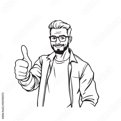 Continuous one black line art drawing a handsome man giving a thumbs up design vector.