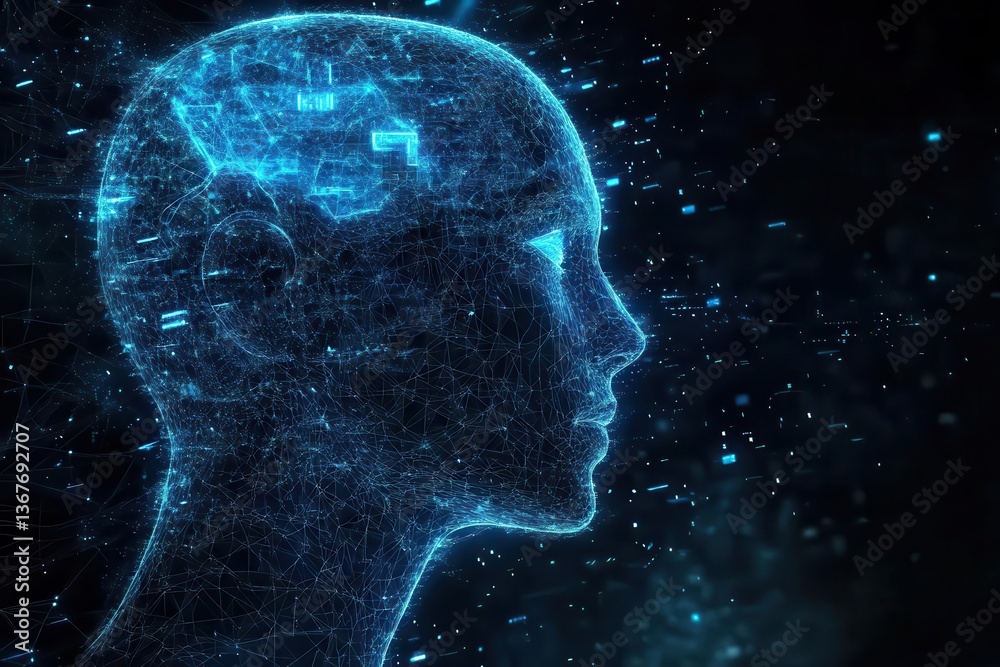 Obraz premium cybernetic humanoid profile with translucent crystalline structure neural networks pulsing with neon blue energy holographic data streams dark tech aesthetic
