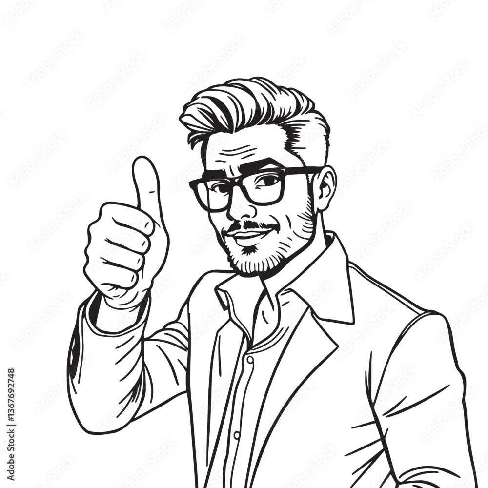 Continuous one black line art drawing a handsome man giving a thumbs up design vector. Continuous one black line art drawing a handsome man giving a thumbs up design vector.