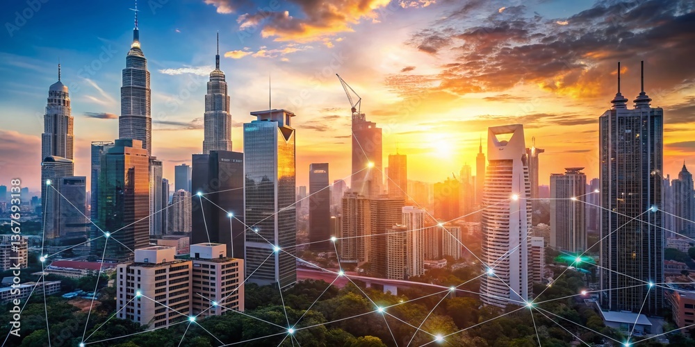 Naklejka premium Kuala Lumpur Skyline, Digital Network Connection, Smart City, Technology, Future