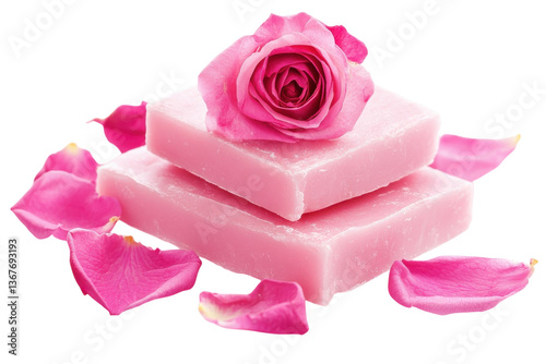 Pink soap bars stacked with rose flower and scattered petals isolated on Transparent Background
