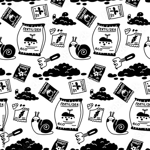 pattern of fertilizers and seeds in a package, a worm, a snail. Monochrome illustration in the form of flat doodles. The texture of the tools for transplanting indoor plants. garden supplies