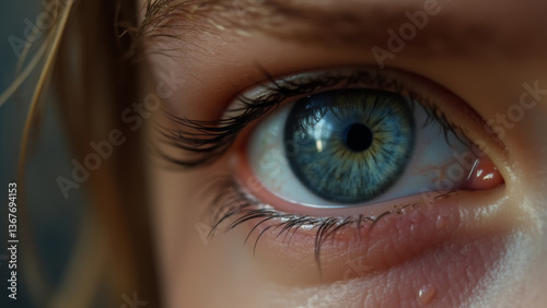 Close up of a beautiful woman's eye with tears in it and long eyelashes.