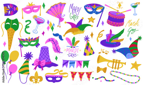 set for Mardi Gras, Flat color. They are suitable for decorating holidays, events, promotional materials and goods related to the celebration of carnival. A vibrant collection of isolated objects