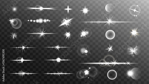 Wind glare, explosions, shiny, dust, lines, flares, sequins, stars, curved curls.lights sparkles collection.Realistic flares. Isolated glints set. Sparkle glares.Vector shimmering elements.