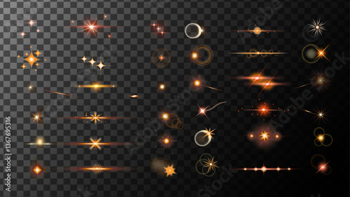 Realistic flares. Glowing effects light or sunlight reflection from lens. Stars in space. Isolated glints set. Sparkle glares.Vector shimmering elements.Deep space scene background with amazing huge.