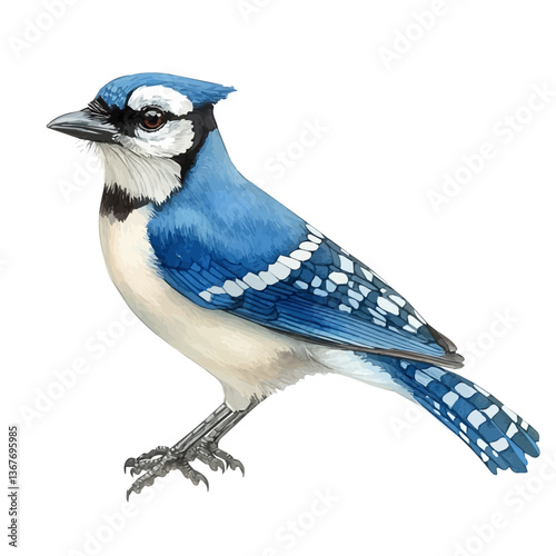 A watercolor vector painting of a blue jay, isolated on a white background. Blue jay vector.

