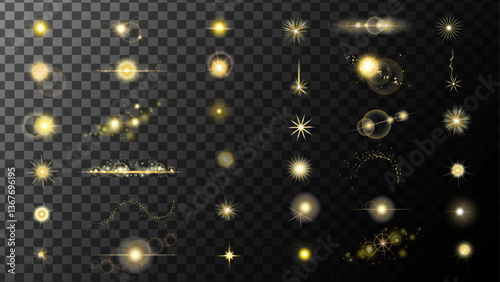 Realistic flares.Golden star shine effects, flash lights with sparkles and glow rays isolated on transparent background. Vector realistic set of bright yellow glare, gold flare with shiny beams.