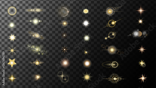 Starlight and sunlight shine glow. Vector flashlight big set.Lens flash light effect.Set stars golden glitter.Deep space scene background in stippling style with amazing huge nebula and glowing stars.