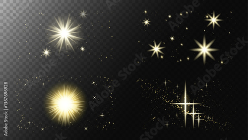 Sparkling stars, flickering and flashing lights. Collection of different light effects on transparent background. Realistic vector illustrationLens flash light effect.Set stars golden.
