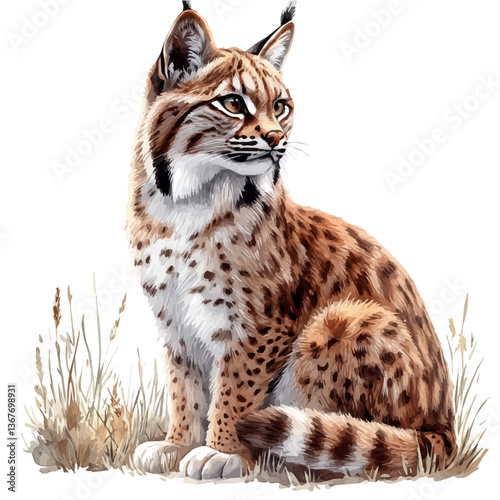 A watercolor vector painting of a bobcat, isolated on a white background. Bobcat vector.


