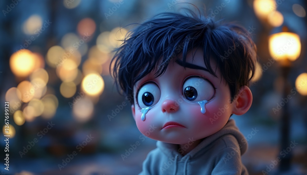 Sad Cartoon Boy Crying at Night with Bokeh Lights Sad Cartoon Boy Crying at Night with Bokeh Lights
