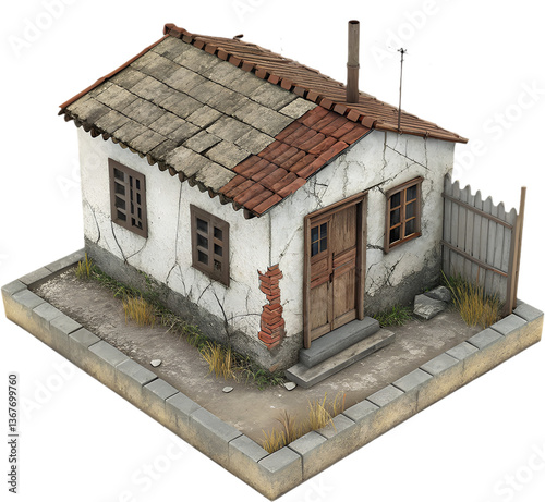 Dilapidated house in slum with broken walls and rusted roof.