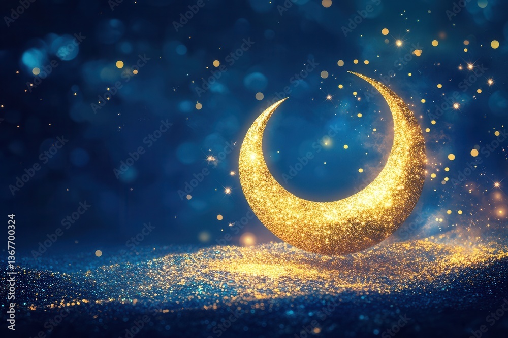 Naklejka premium Golden crescent moon on blue background with gold sparkles representing Eid al-Fitr celebration